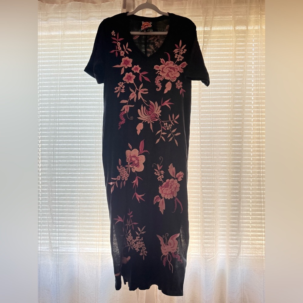 Johnny Was Black Dress with Pink Floral Embroidery